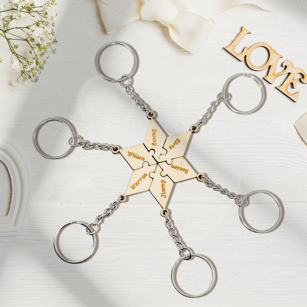 Personalised Puzzle Keychain Set Engraved 6 Pieces Jigsaw Keychain Wooden Key Ring - soufeeluk