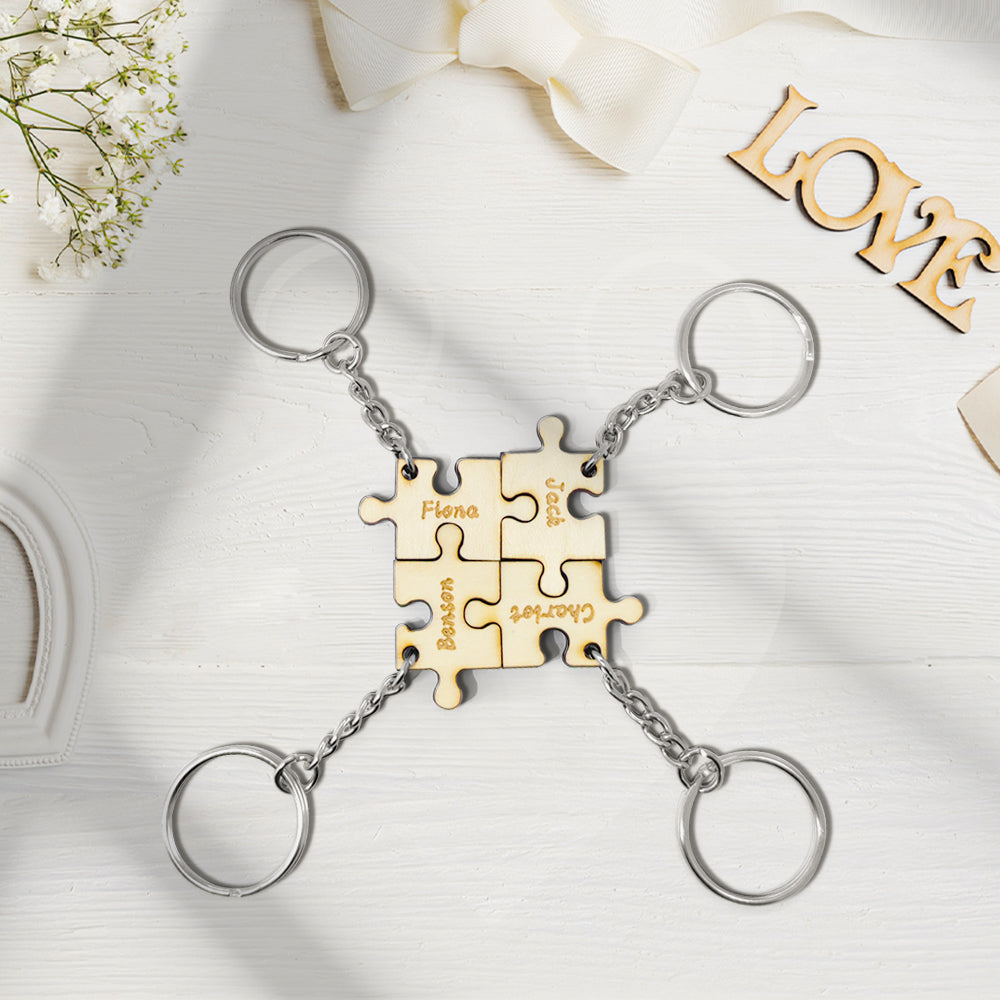 Personalised Puzzle Keychain Set Engraved 4 Pieces Jigsaw Keychain Wooden Key Ring - soufeeluk