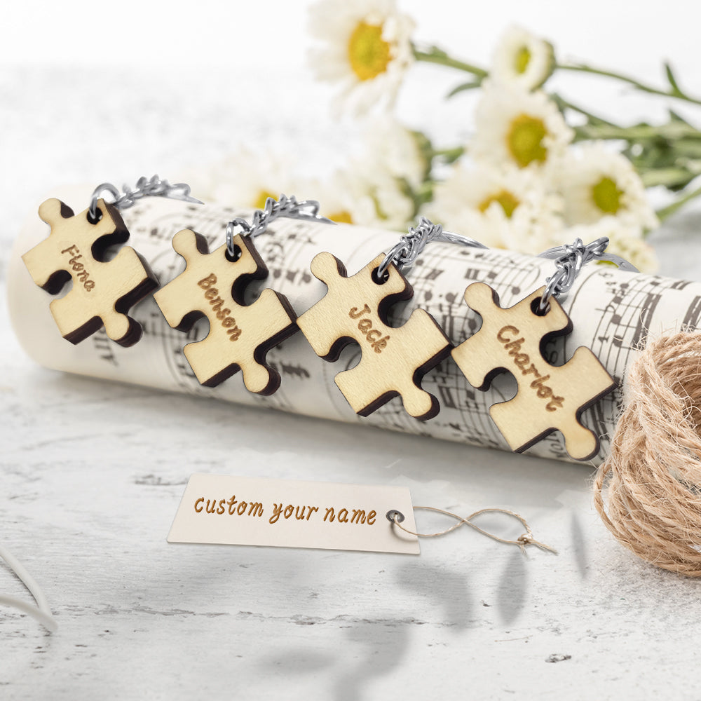 Personalised Puzzle Keychain Set Engraved 4 Pieces Jigsaw Keychain Wooden Key Ring - soufeeluk