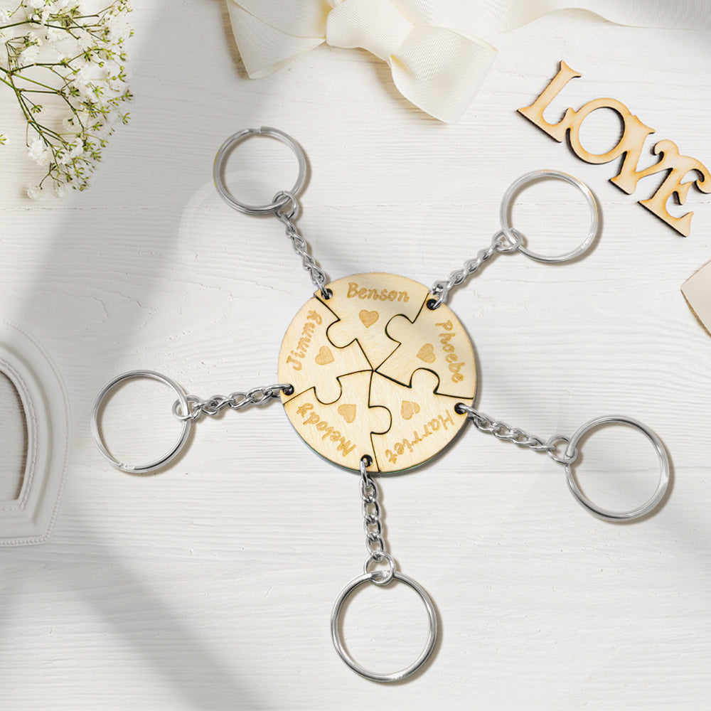 Personalised Puzzle Keychain Set Engraved 5 Pieces Jigsaw Keychain Wooden Key Ring - soufeeluk