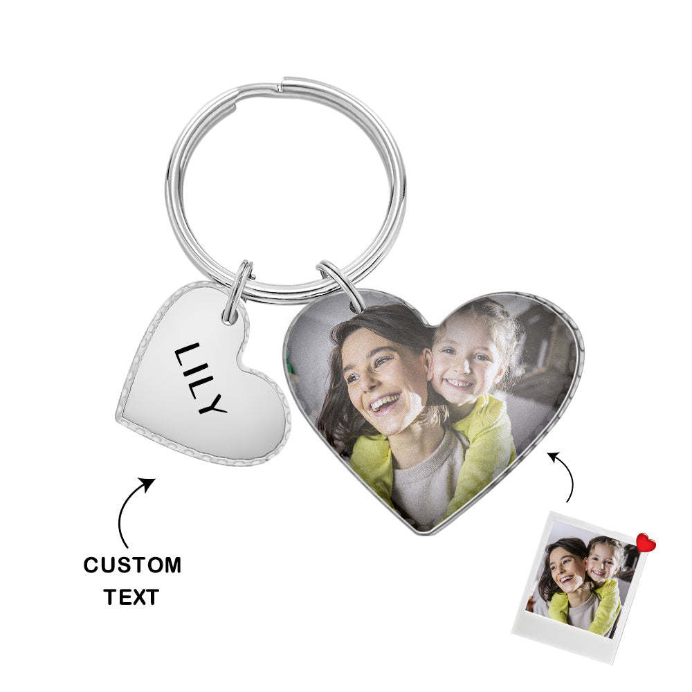 Custom Heart Photo Text Keychain with Small Heart Pendant Mother's Day Gifts - soufeeluk