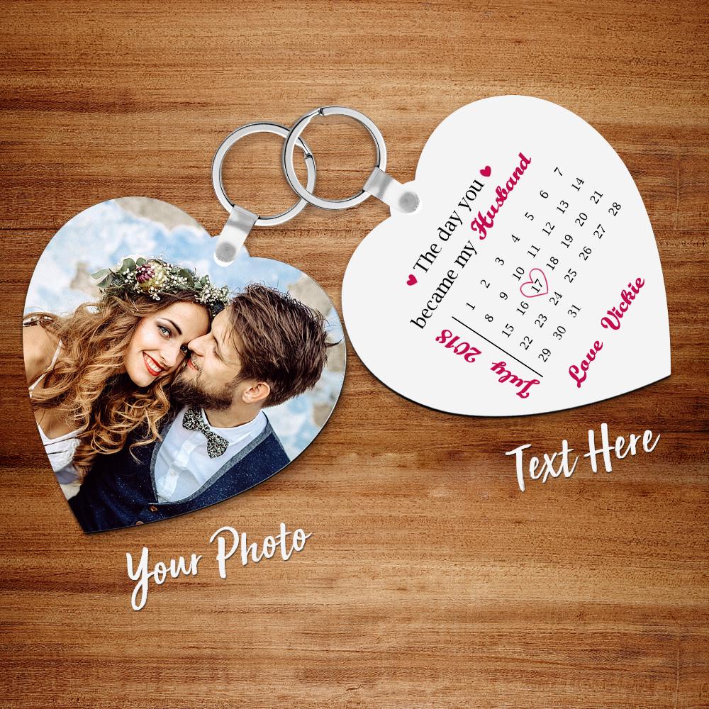 Custom Photo Engraved Keychain Heart Shaped Personalised Calendar Keyring Gift For Lover - soufeeluk