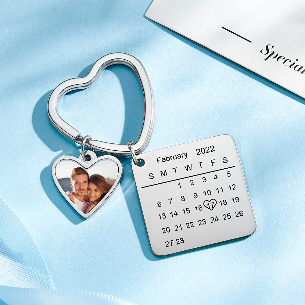Custom Photo Calendar Keychain Heart Pendant Key Ring Save the Date for Couples - soufeeluk