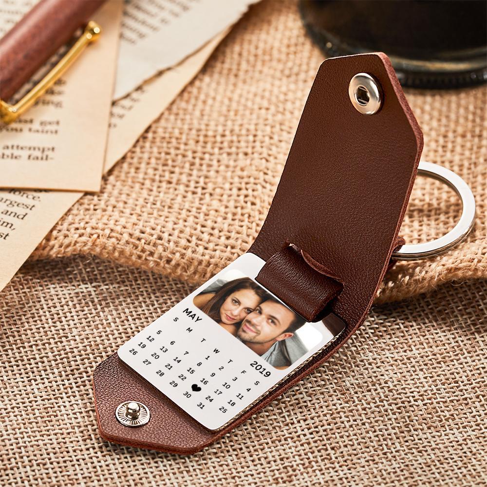 Leather Photo Keychain, Custom Boyfriend Gift, Anniversary Gifts For Boyfriend, Custom Picture Keychain With Engraved Text - soufeeluk