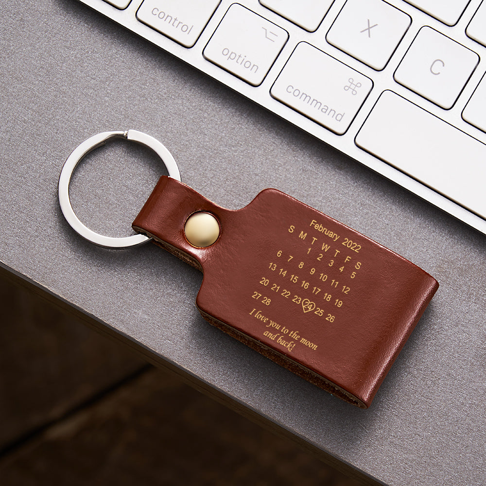 Custom Engraved Calendar Date Keychain Leather Keyring Anniversary Gift - soufeeluk