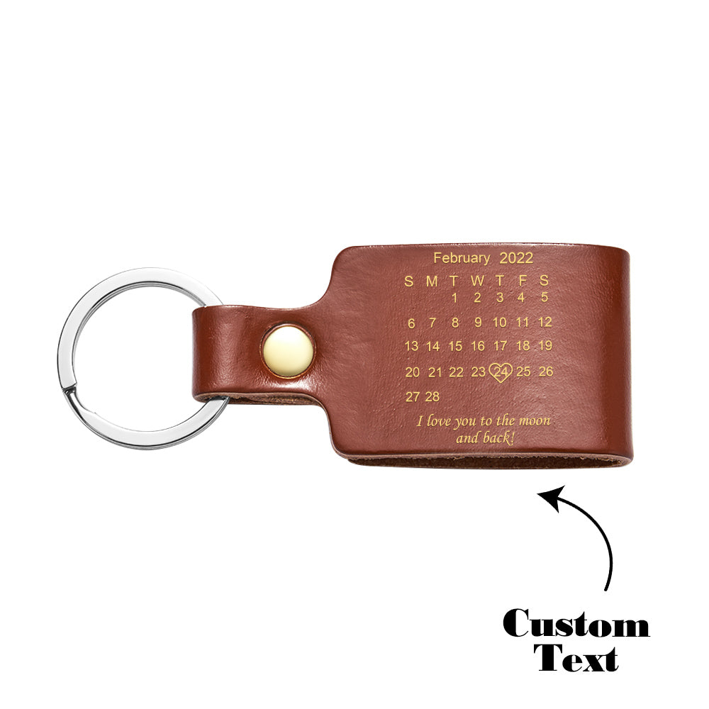 Custom Engraved Calendar Date Keychain Leather Keyring Anniversary Gift - soufeeluk