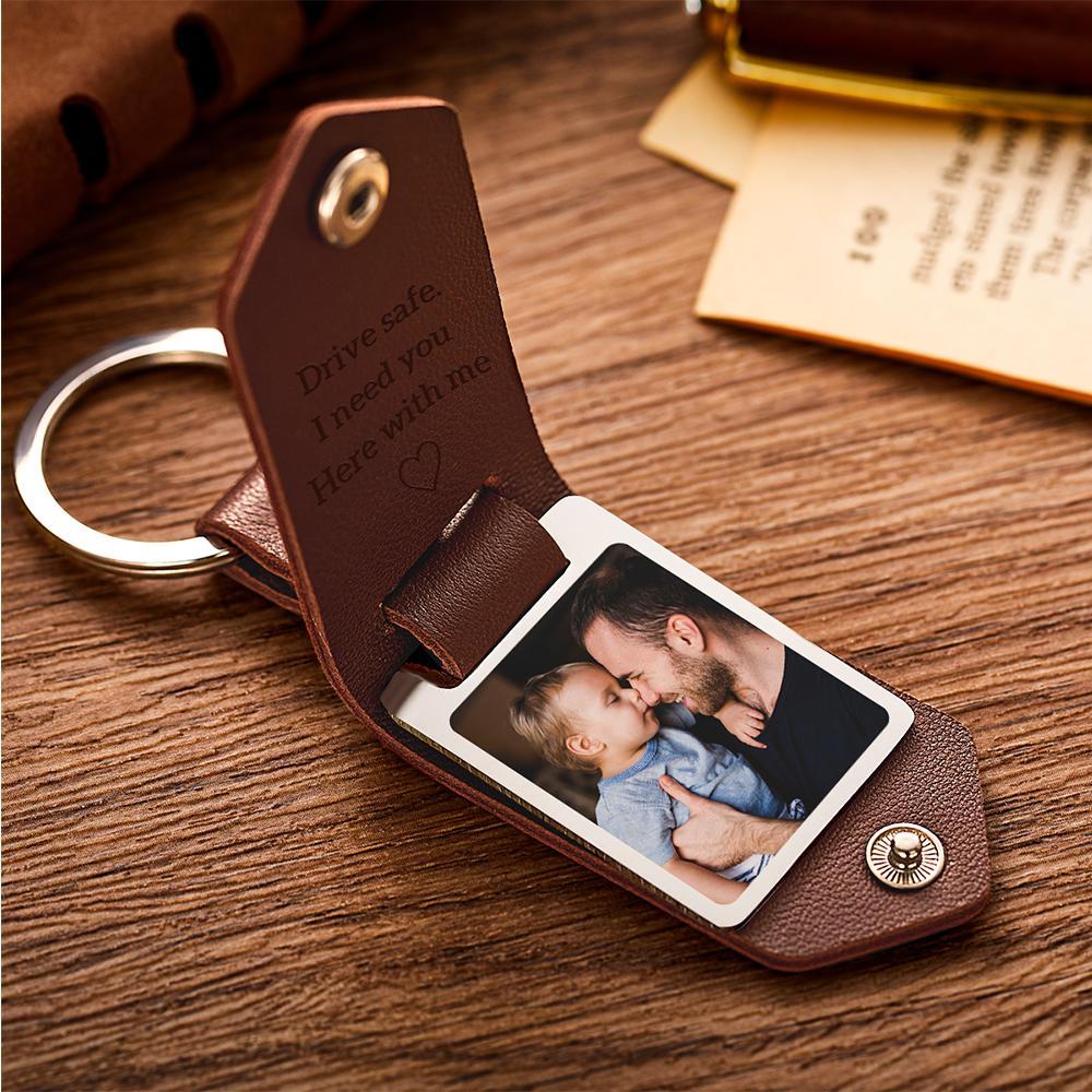 Custom Leather Photo Text Keychain Drive Safe Keychain Anniversary Gift For Dad With Engraved Text - soufeeluk