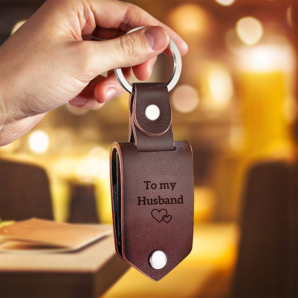 Custom Leather Photo Text Keychain Anniversary Gift For Boyfriend With Engraved Text - soufeeluk