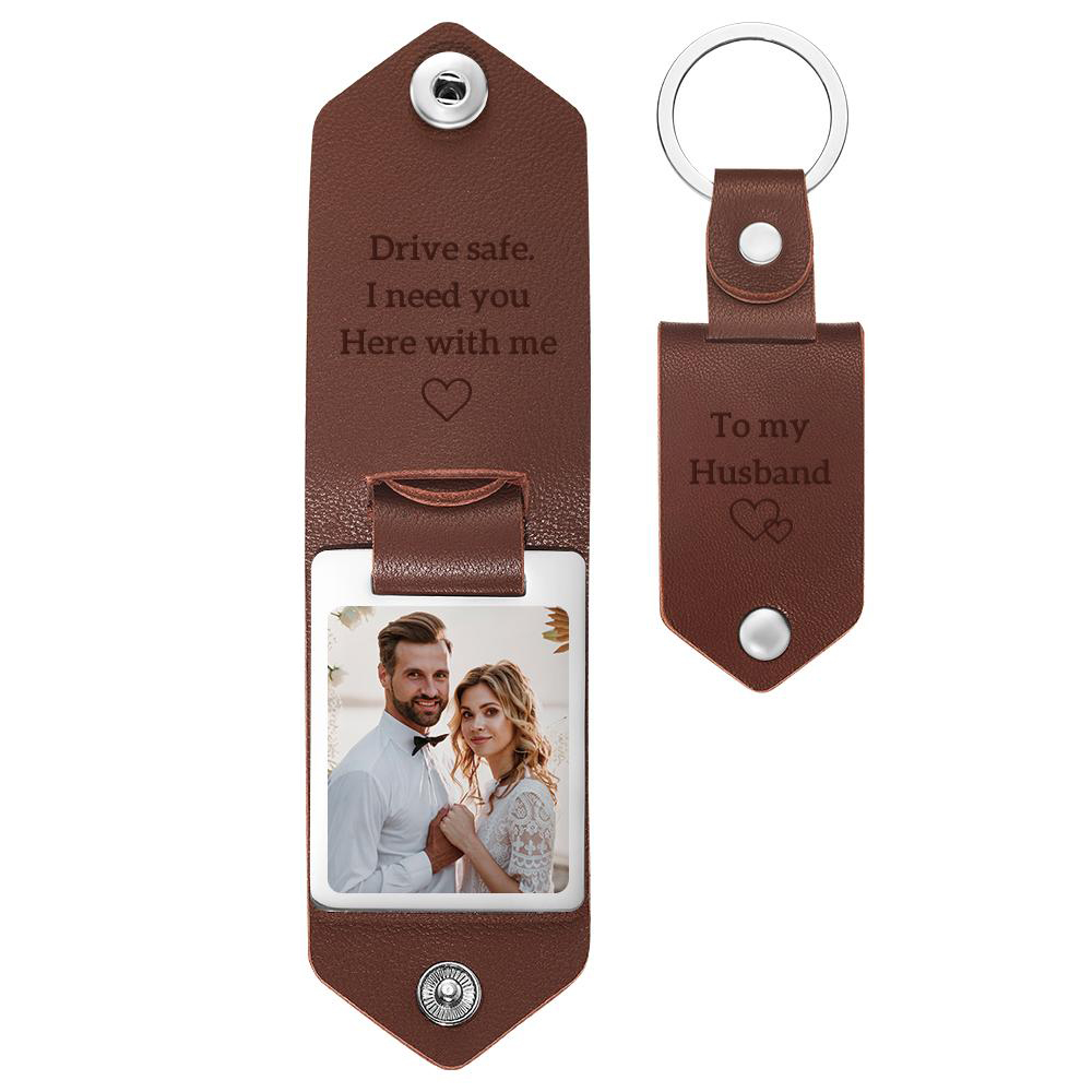 Custom Leather Photo Text Keychain Anniversary Gift For Boyfriend Drive Safe With Engraved Text