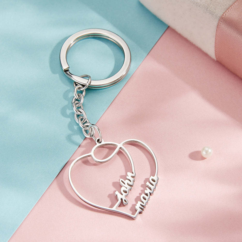 Personalised Two Names Double Heart Keychain Custom Letters Metal Key Ring for Couples - soufeeluk