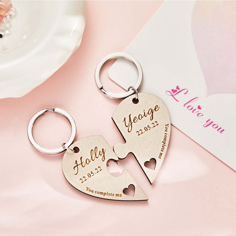 Custom Engraved Keychain Personalised Heart-shaped Wooden Jigsaw Keyring Romantic Gift - soufeeluk