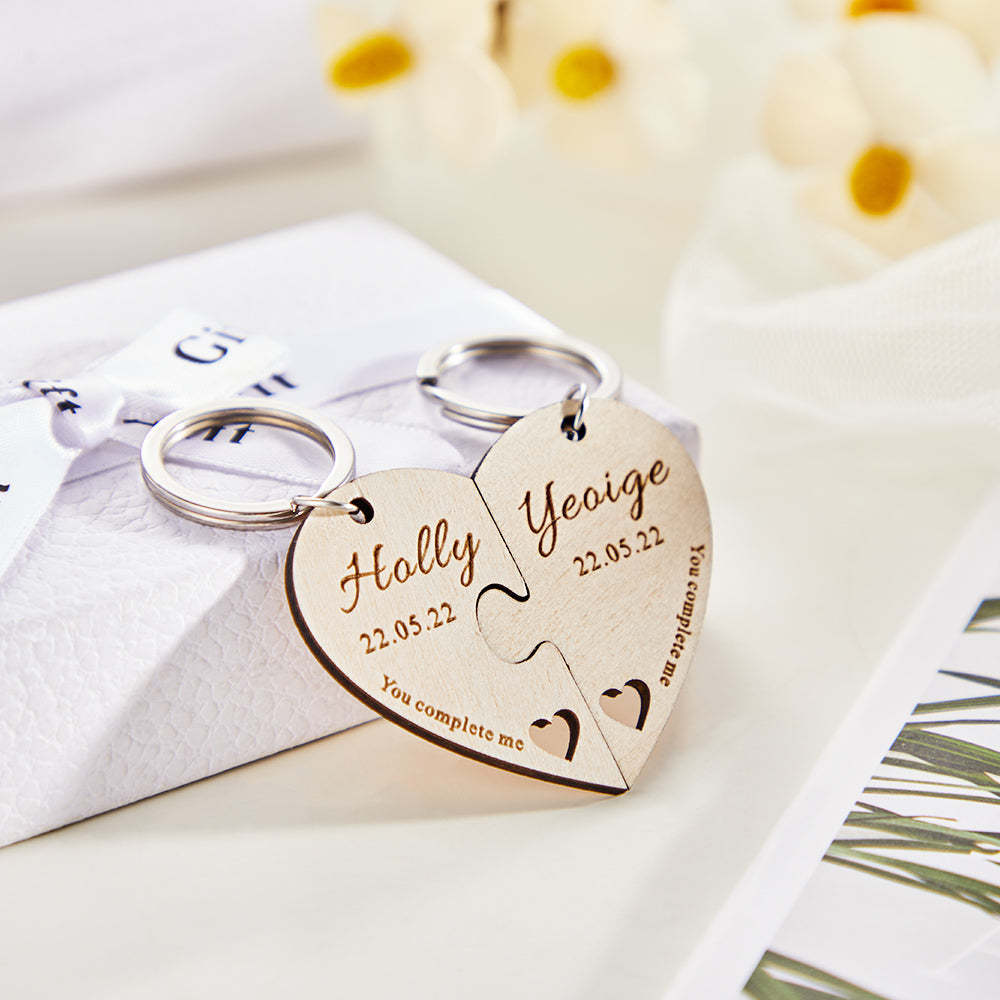 Custom Engraved Keychain Personalised Heart-shaped Wooden Jigsaw Keyring Romantic Gift - soufeeluk