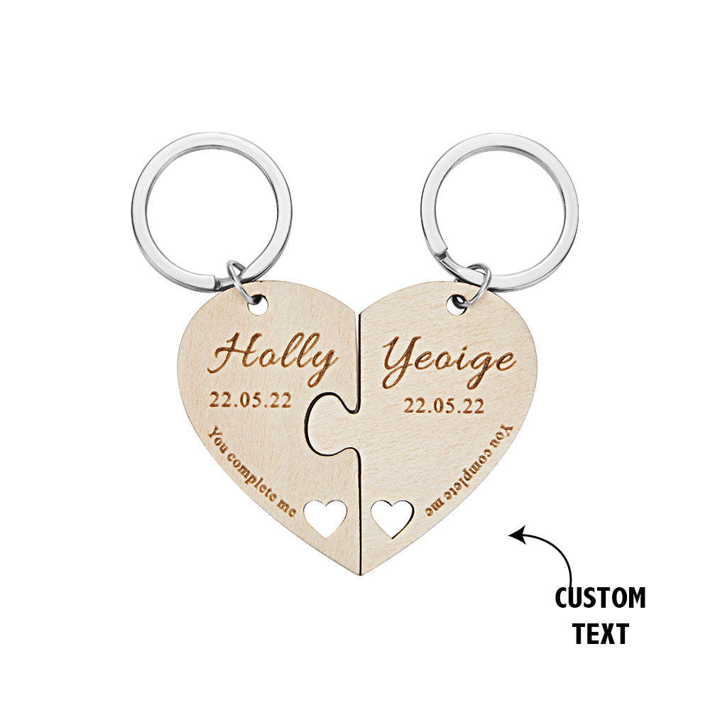Custom Engraved Keychain Personalised Heart-shaped Wooden Jigsaw Keyring Romantic Gift - soufeeluk