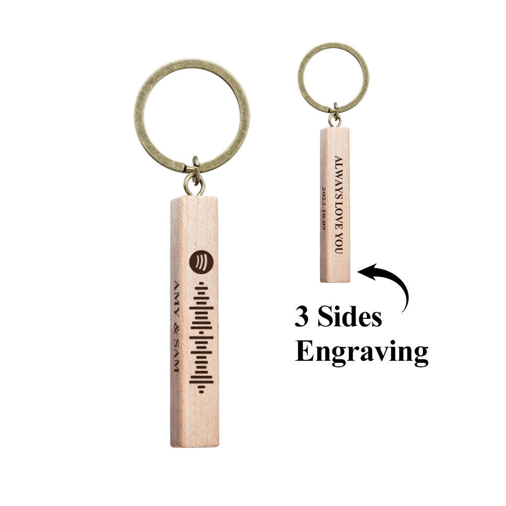 Custom Spotify Code Keychain Personalised Wooden Keychain with Your Text 3 Sides Engraving - soufeeluk