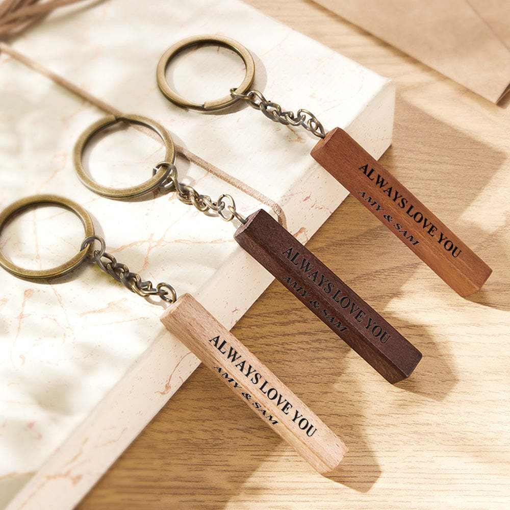 Custom Engraved Keychain Personalised 3 Sided Engraved Wooden Keychain Anniversary Gift - soufeeluk