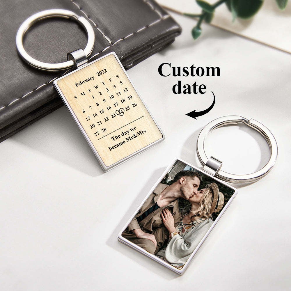 Personalised Photo Calendar Keychain Custom Engraved Picture Keyring Anniversary Gift - soufeeluk