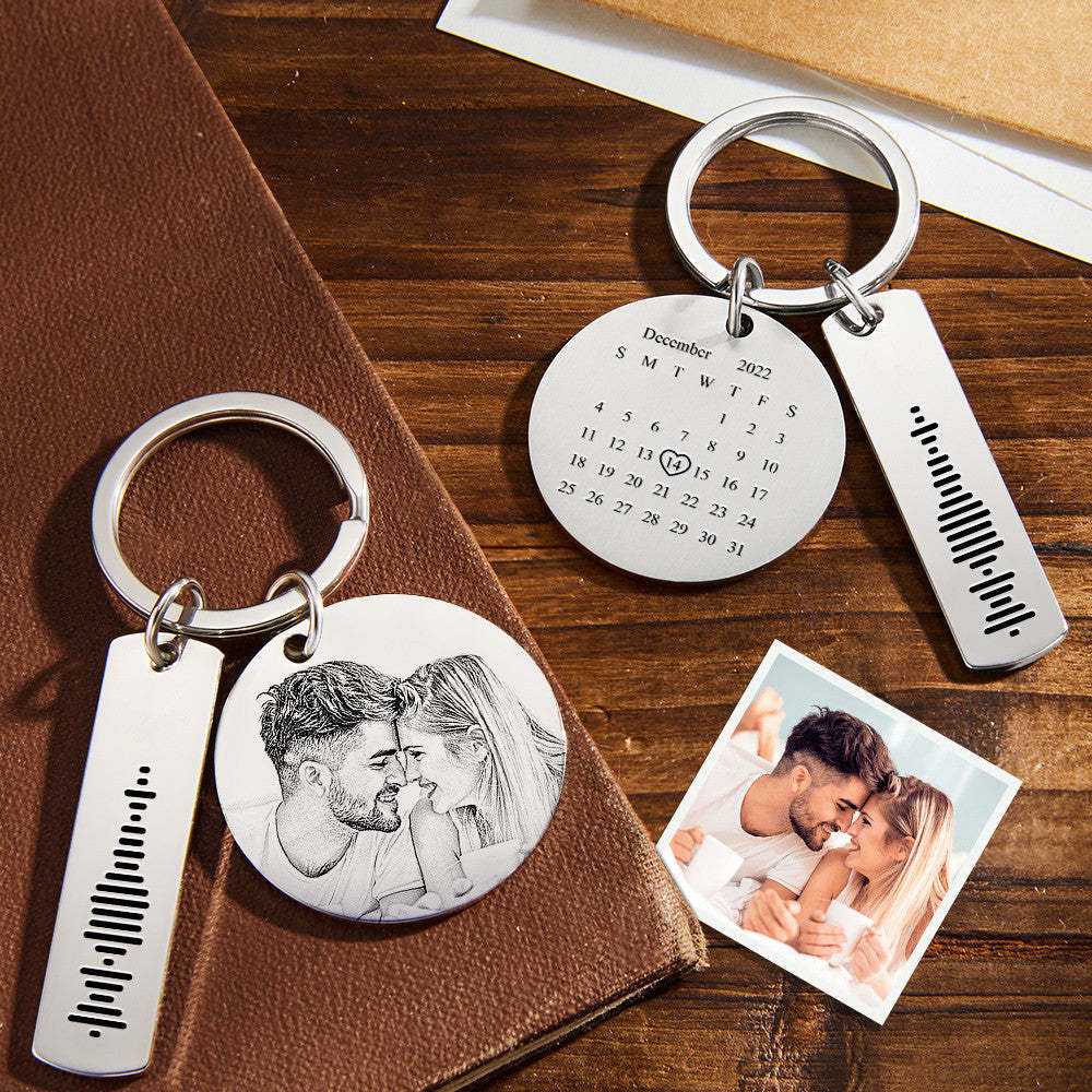 Custom Photo Calendar Music Keychain Personalised Stainless Steel Keychain Gift for Lover - soufeeluk