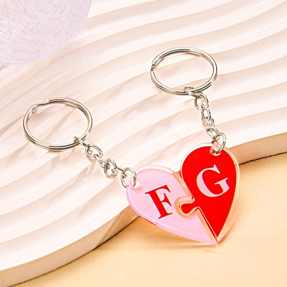 Custom Engraved Heart Puzzle Keychain Set First Initial Pendant Matching Heart Keychain for Couples - soufeeluk