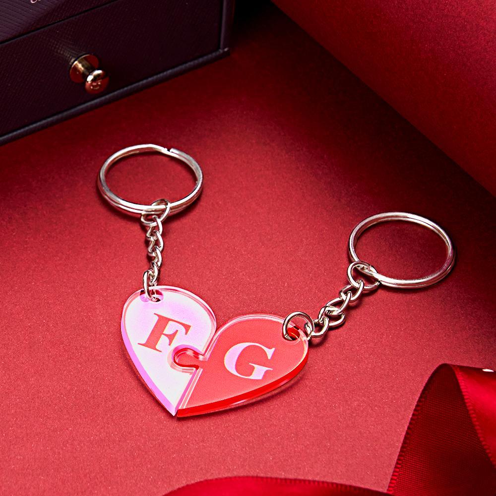 Custom Engraved Heart Puzzle Keychain Set First Initial Pendant Matching Heart Keychain for Couples - soufeeluk