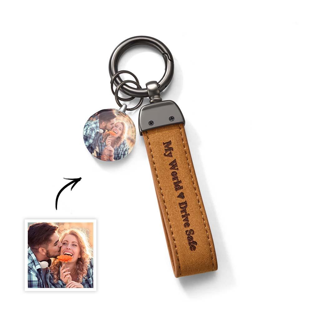 Drive Safe My Love Personalized Laser Engraved Leather Crystal Photo KeyChain - soufeeluk
