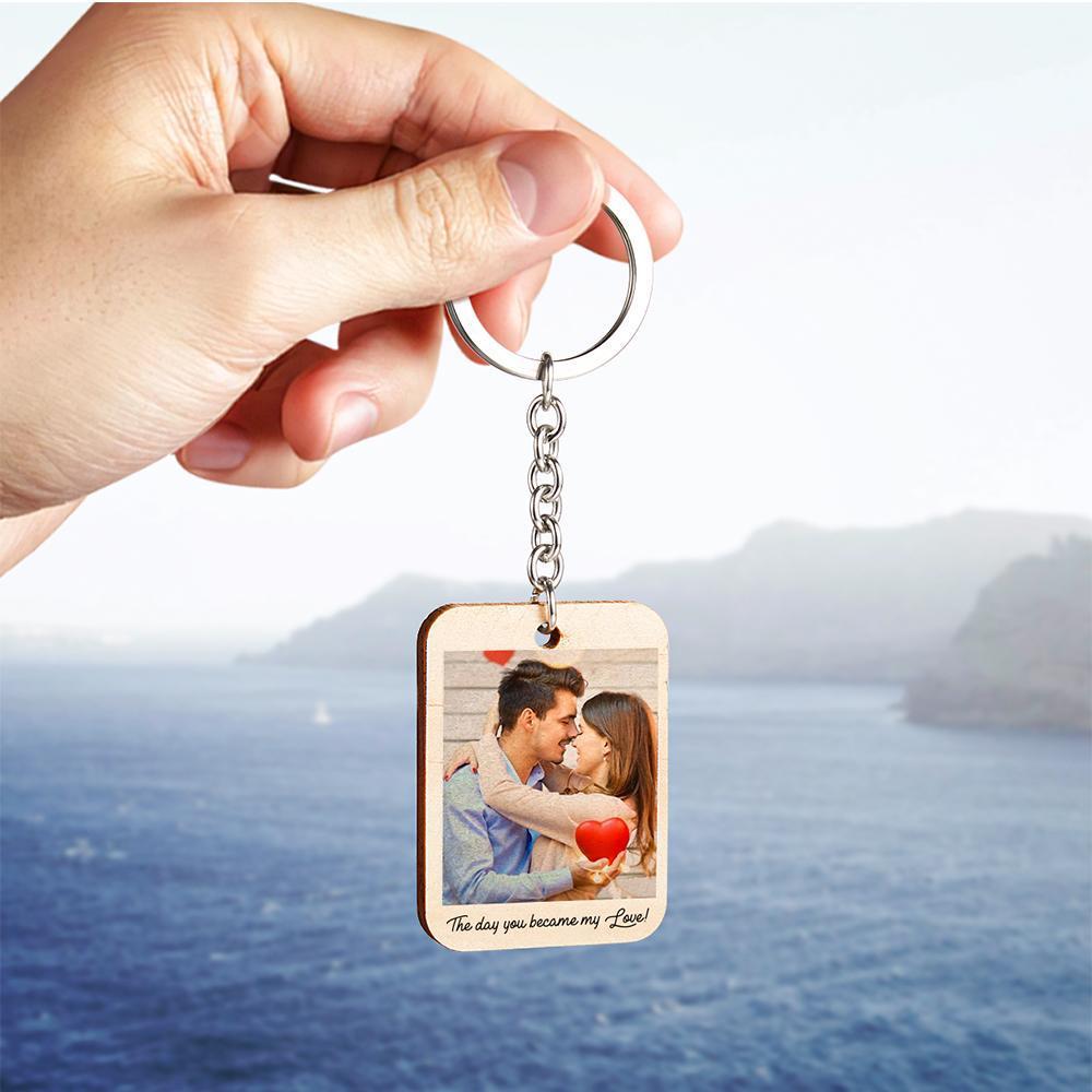 Custom Photo Keychain, Personalised Photo and Date Wooden Key Ring Christmas Gift For Him