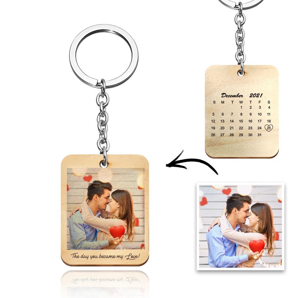 Custom Photo Keychain, Personalised Photo and Date Wooden Key Ring Christmas Gift For Him