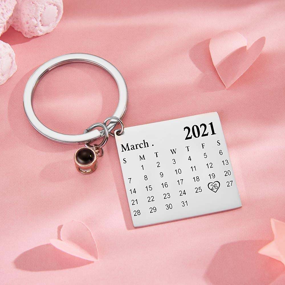 Custom Photo Projection Photo Keychain Personalised Calendar Key Ring Anniversary Gift - soufeeluk