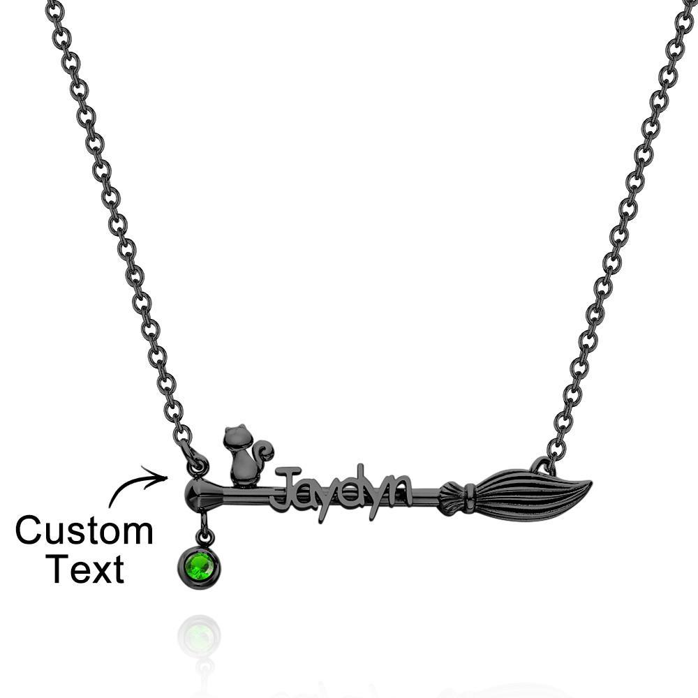 Broom And Cat Birthstone Necklace Personalised Name Necklace Gifts For Her - soufeeluk