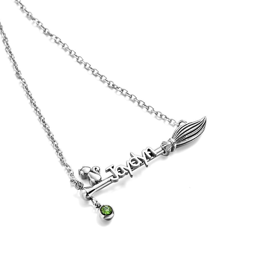 Broom And Cat Birthstone Necklace Personalised Name Necklace Gifts For Her - soufeeluk