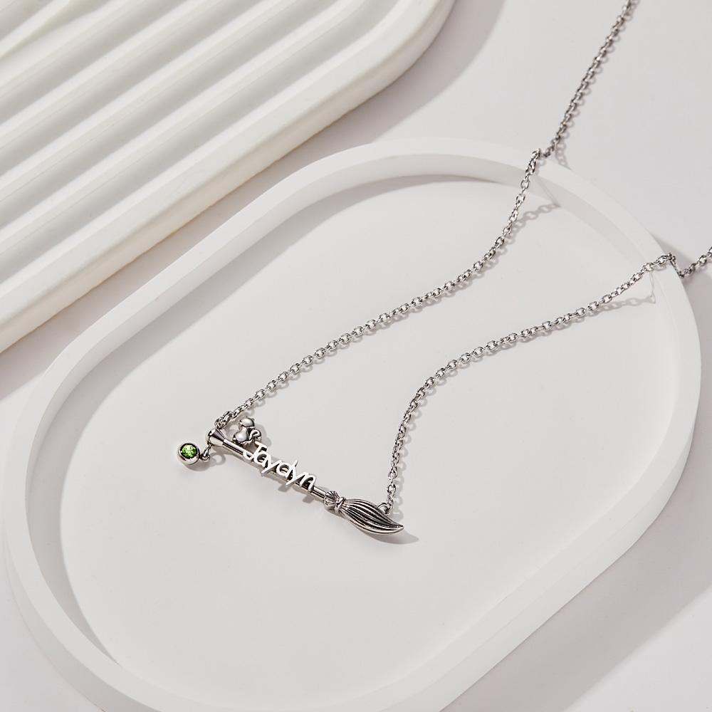 Broom And Cat Birthstone Necklace Personalised Name Necklace Gifts For Her - soufeeluk