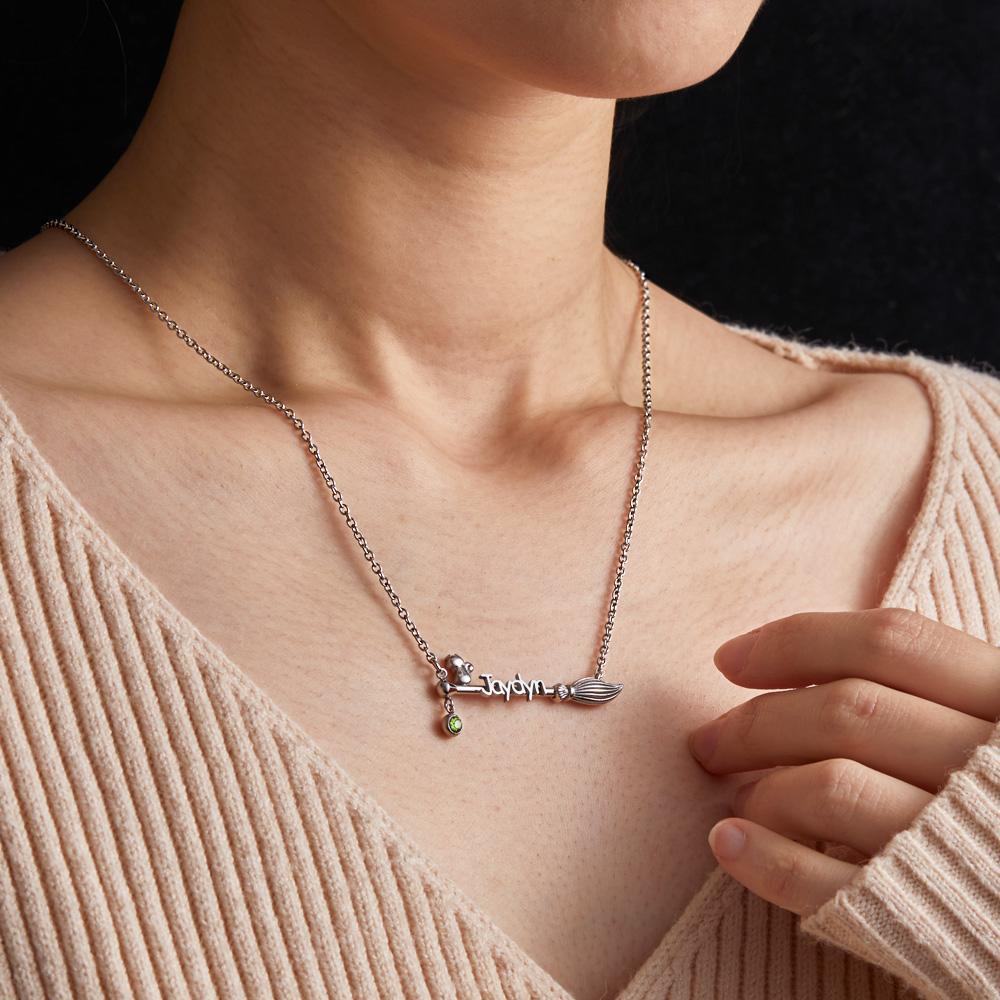 Broom And Cat Birthstone Necklace Personalised Name Necklace Gifts For Her - soufeeluk