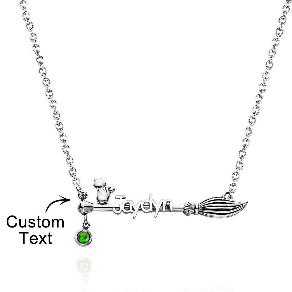 Broom And Cat Birthstone Necklace Personalised Name Necklace Gifts For Her - soufeeluk