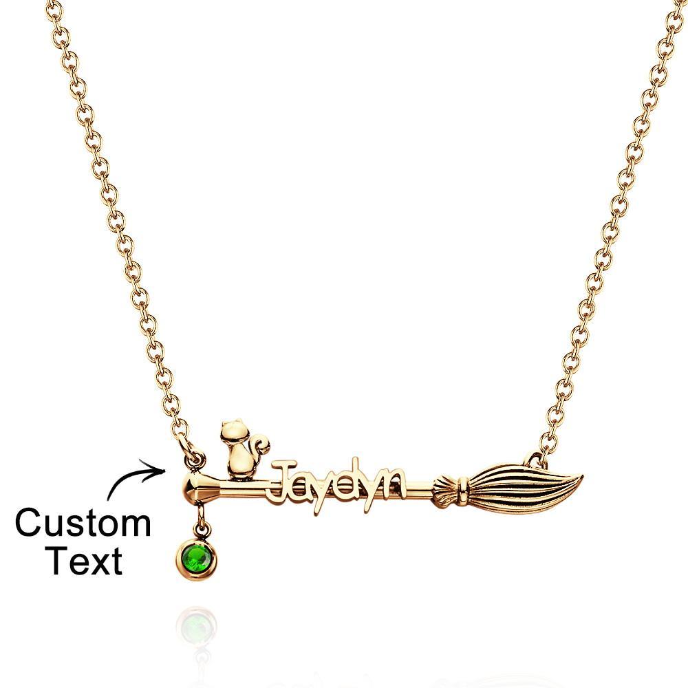 Broom And Cat Birthstone Necklace Personalised Name Necklace Gifts For Her - soufeeluk
