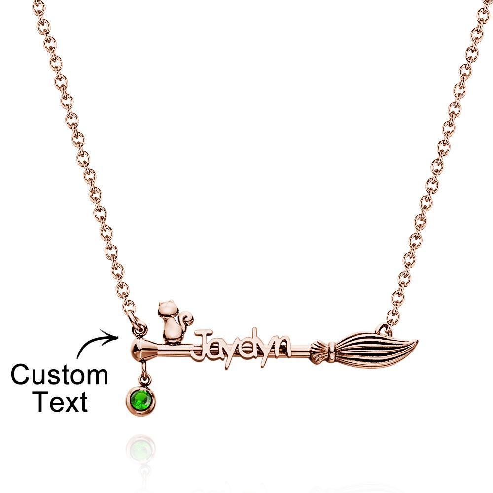 Broom And Cat Birthstone Necklace Personalised Name Necklace Gifts For Her - soufeeluk