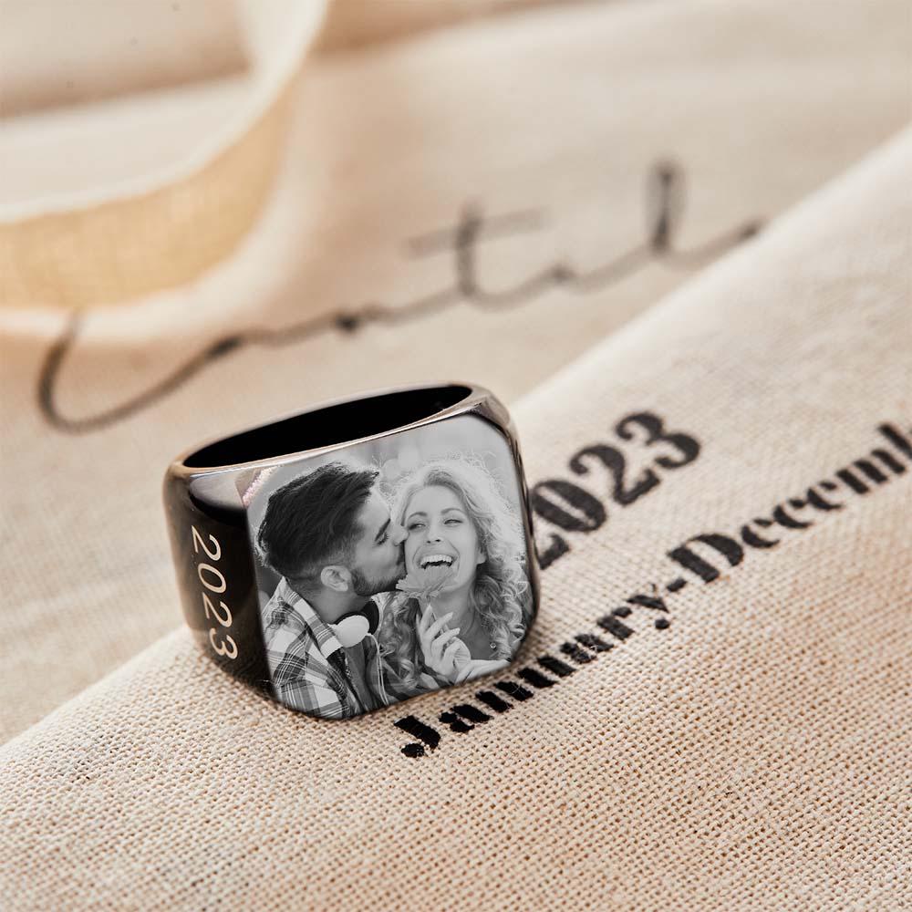Personalised Photo Square Ring Custom Engraved Ring Gift For Men - soufeeluk