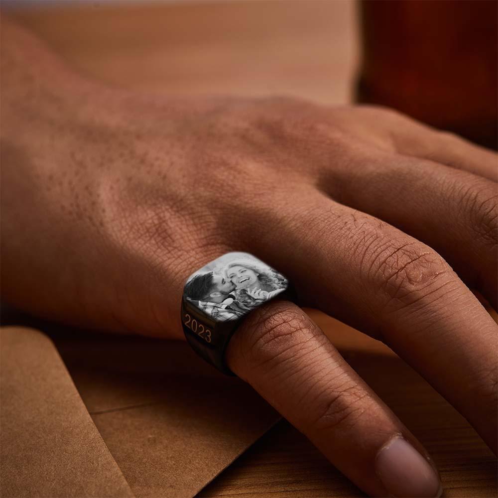 Personalised Photo Square Ring Custom Engraved Ring Gift For Men - soufeeluk