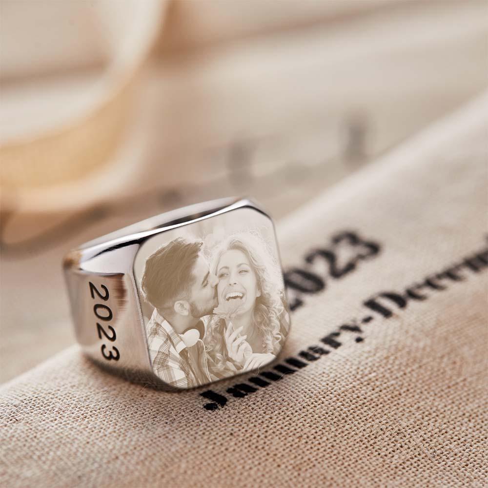 Personalised Photo Square Ring Custom Engraved Ring Gift For Men - soufeeluk