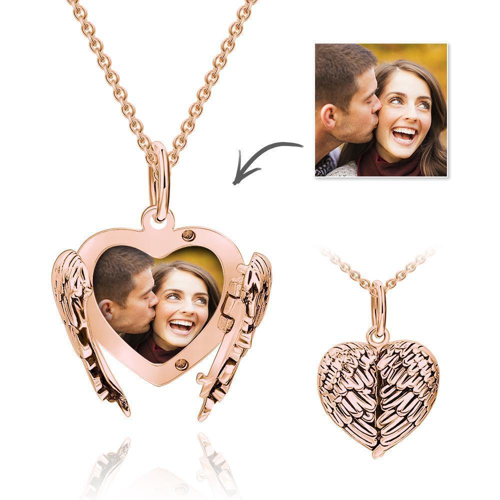Photo Locket Necklace with Engraving Heart Angel Wings Mother's Christmas Gifts Rose Gold Plated