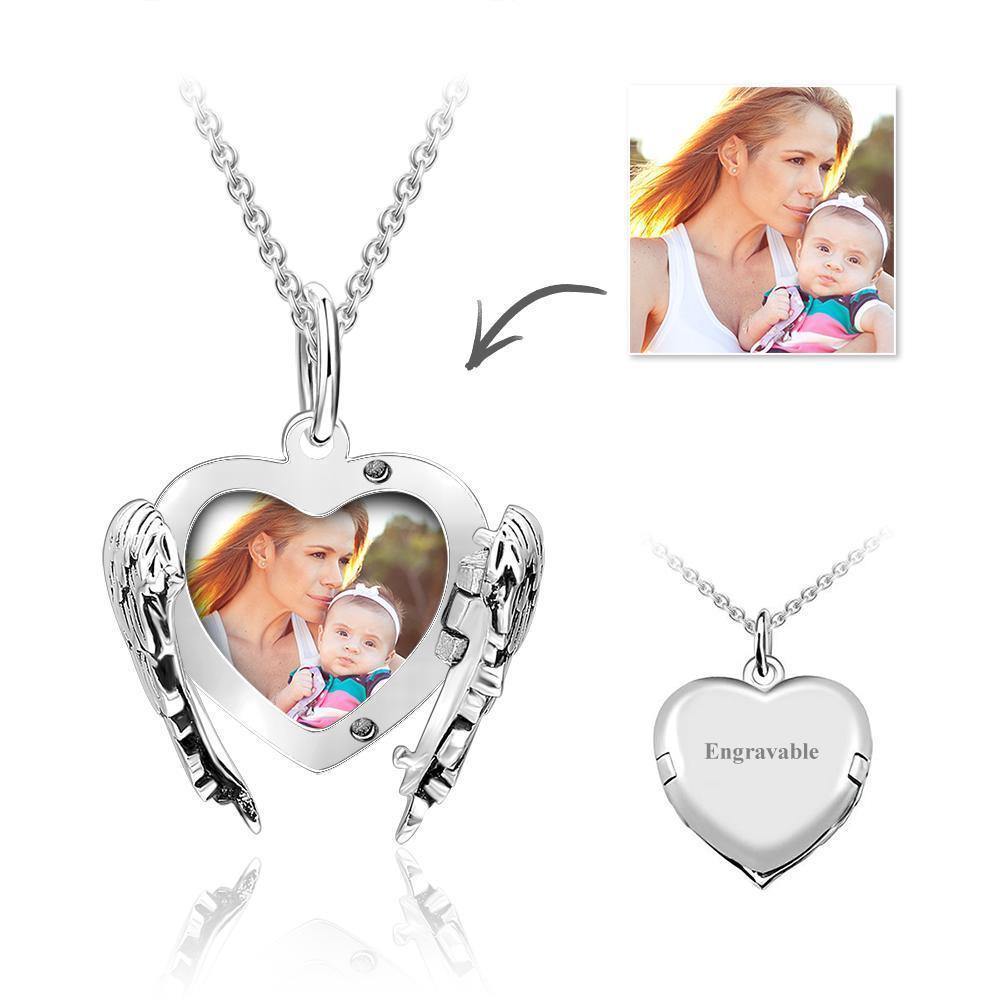 Custom Engravable Photo Locket Necklace Heart Angel Wings Gold Plated Gifts for Mom - soufeelus