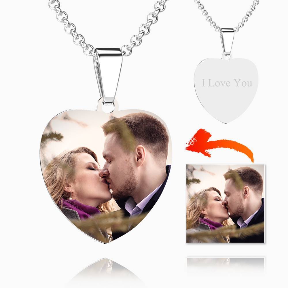 Engraved Heart Tag Photo Necklace Stainless Steel - Color Printing