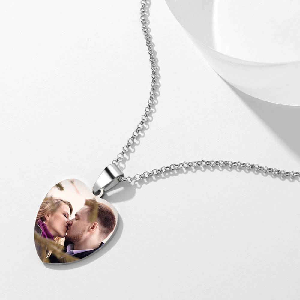 Engraved Heart Tag Photo Necklace Stainless Steel - Color Printing