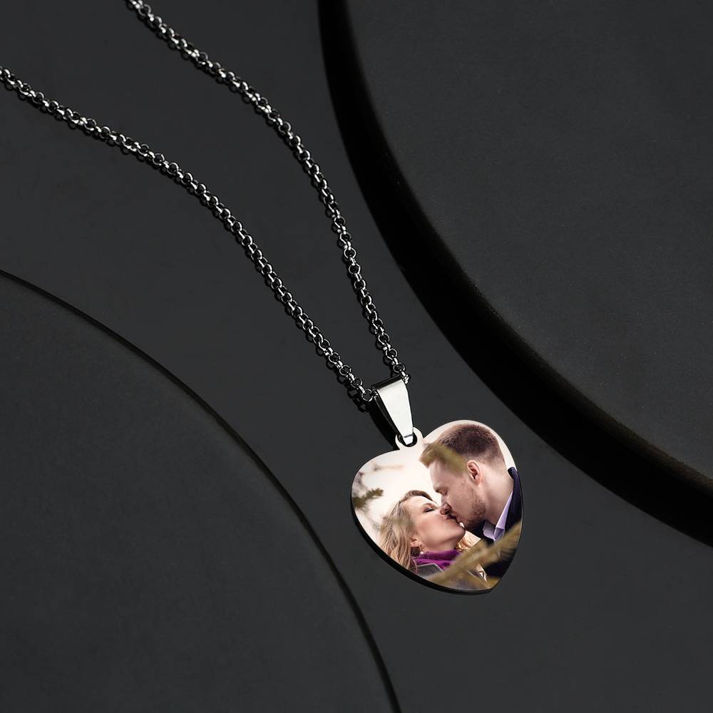 Engraved Heart Tag Photo Necklace Stainless Steel - Color Printing