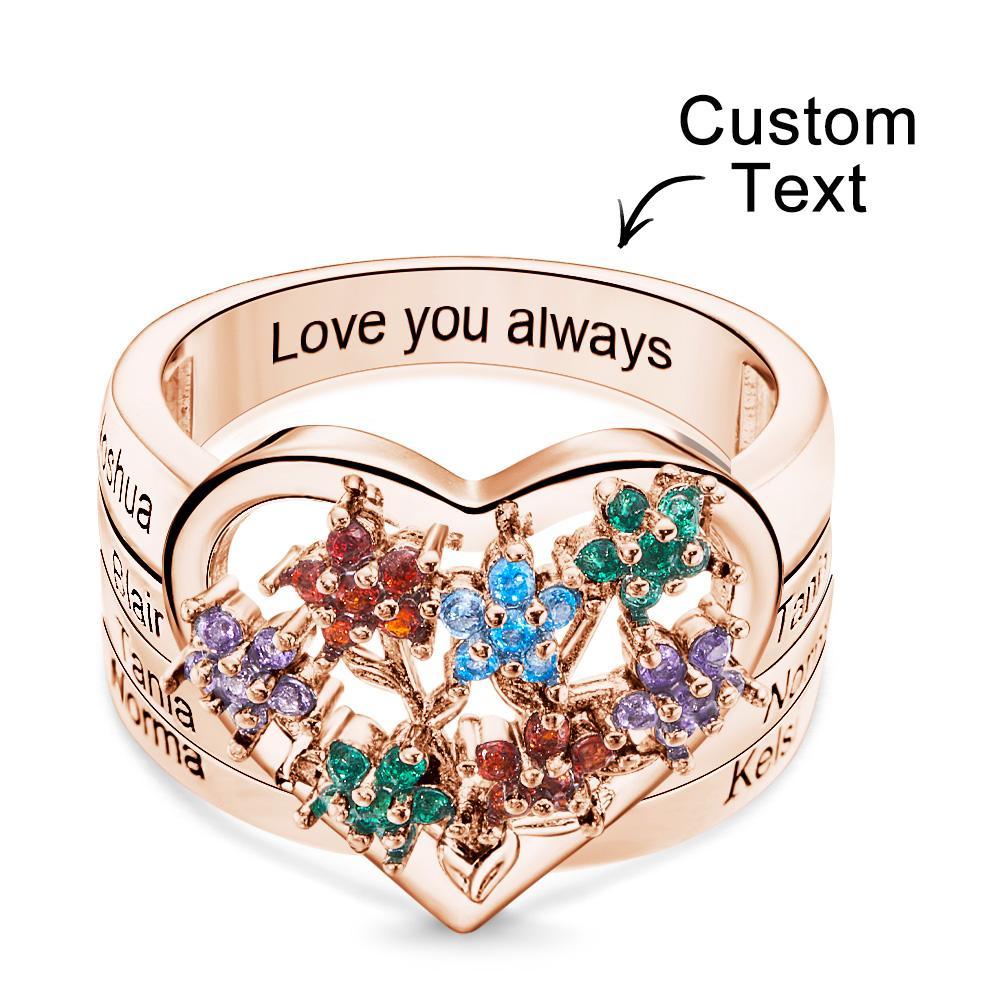Custom Birthstone Engraved Rings Creative Flowers Rose Gold Gifts - soufeeluk