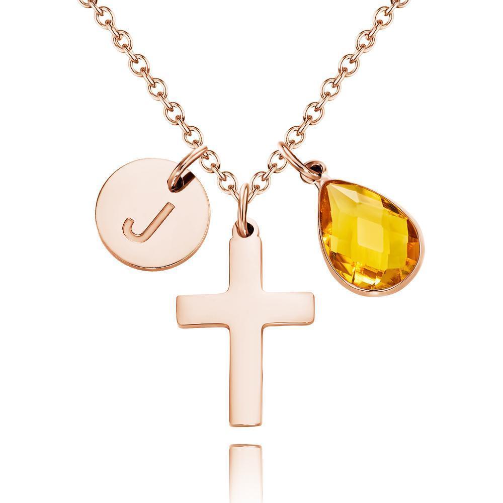 Custom Engraved Initial Cross Necklace Crucifix Pendant Initial and Birthstone Faith Necklace