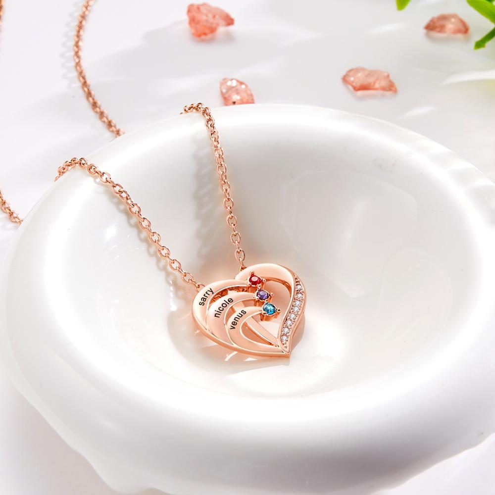 Engraved Birthstone Heart Shaped Necklace Personalised Name Necklace for Mom - soufeeluk