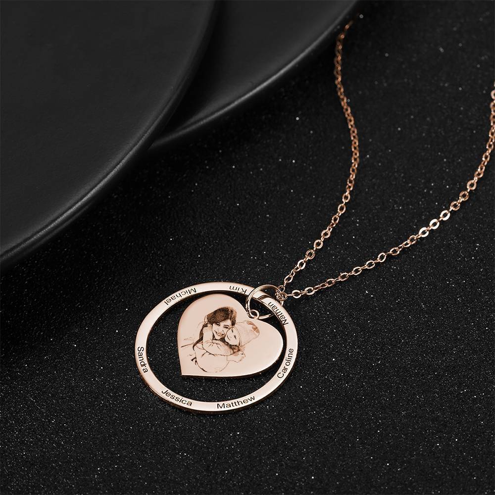 Photo Engraved Necklace Heart In Round Pendant, Family Necklace Rose Gold Plated - Rose Gold