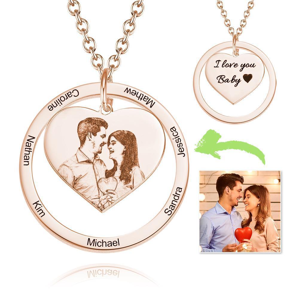 Photo Engraved Necklace Heart In Round Pendant Family Necklace for Her Rose Gold Plated