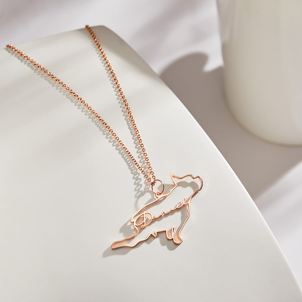 Custom Dog Silhouette Outline Picture Necklace with Name Personalised Pet Photo Necklace Memorial Gift - soufeeluk