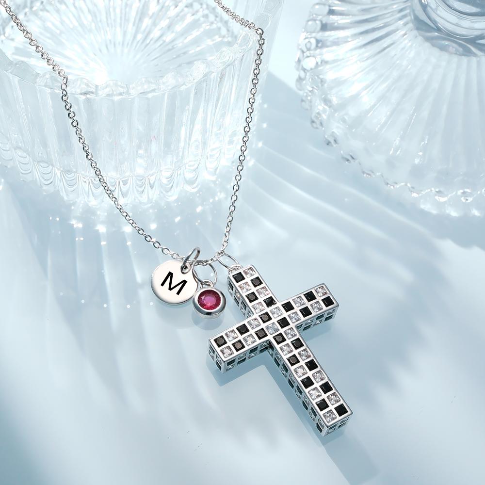 Custom Birthstone Letter Necklace Checkered Flag Cross Unique Gifts - soufeeluk