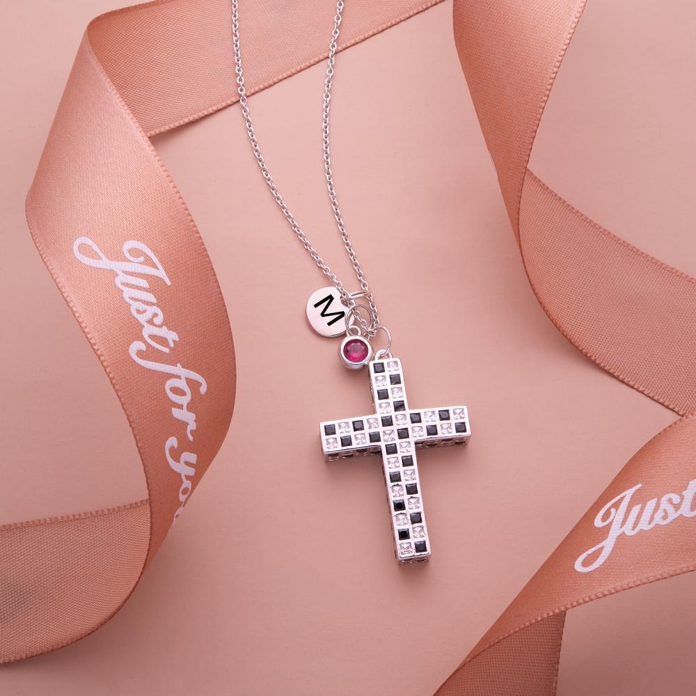 Custom Birthstone Letter Necklace Checkered Flag Cross Unique Gifts - soufeeluk